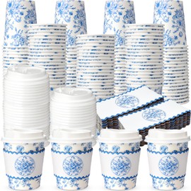 Jingmore 48 Sets Blue Floral Paper Coffee Cups with Lids and Sleeves 8oz Vintage Flower Disposable Drinking Cups Bulk for Birthday Wedding Bridal Shower Tea Party Supplies