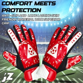 Jazzy Sports Goalkeeper Gloves for Youth, Kids Goalie Gloves with Double Wrist Protection, Non-Slip Latex Material, Adult Soccer Goalkeeper Gloves (Red, Size 3 Suitable for 5-6 Years)