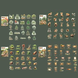 NHGKJU Scrapbooking Stickers Forest Animals Set - 100 Stickers (4 Designs: Forest Animals, Tree Stump, Wooden Sign, Forest Trees) for Scrapbook, Journaling & DIY Decoration - Combinable Craft Stickers