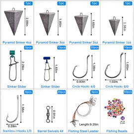 135pcs Surf Fishing Fish Finder Rig Saltwater Fishing Surf Rigs Live Bait Rigs Fishing Kit Tackle Box Include Pyramid Sinker Weights Sinker Slider Fishing Hooks Leaders Swivels Beads Fishing Equipment
