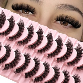 APCYUST Lashes False Wispy Eyelashes Natural Cat Eye Lash Strips 10 Pairs Fake Mink Eyelash Pack Natural Look Fluffy Strip Lashes Set Clear Band Easy Eyelashes for Beginners with Cluster Looking