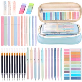 Moerstar Aesthetic Stationery Supplies Set with Pencil Case, Pastel Highlighters Black Ink Gel Pens Mechanical Pencils Sticky Notes Erasers, School Stationery Set for Girls Boys
