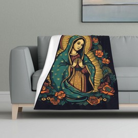 CaomeiWu Virgin Mary Throw Blanket, 80" x 60" Flannel Our Lady of Guadalupe Themed Black Throw Blanket, Soft Nap Throw Blanket for Home for Bed Couch Sofa Fiesta-De-Ia-Virgen Catholic Gifts