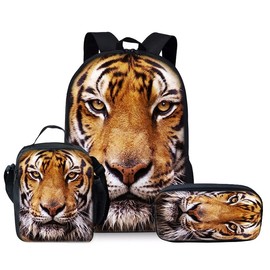PDOSAT Tiger Backpack Youth Leisure School Bag Lunch Box Pencil and pencil Case 3-in-1 Set (Color 4)