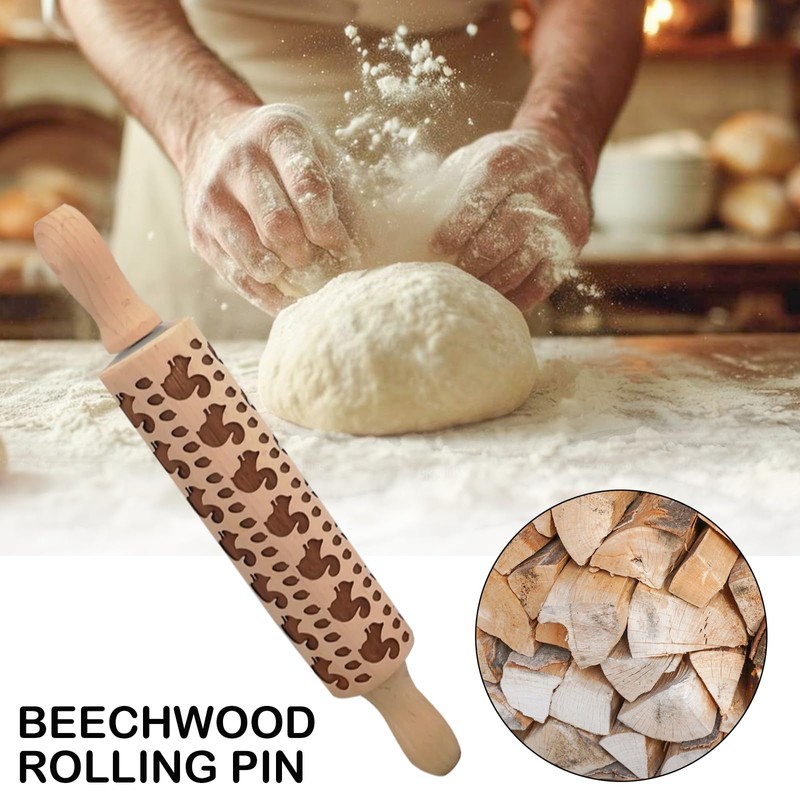 Embossed Rolling Pin with Cute Squirrel Pattern, Wooden Pastry Roller