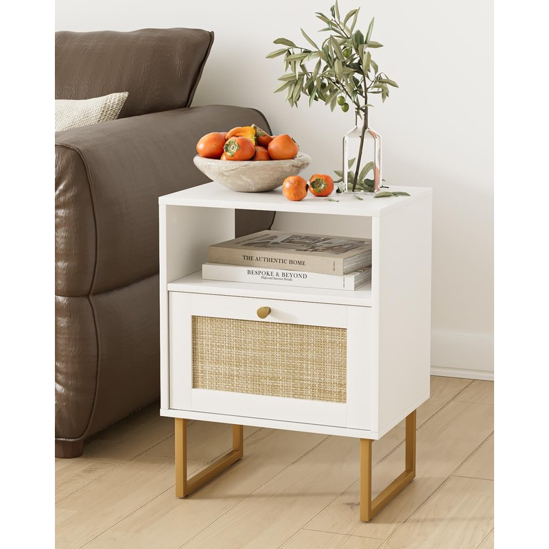 Apetaccat Rattan Nightstand, Boho Night Stand Farmhouse Wood Bedside Table