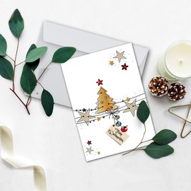 20 x Christmas Card Set DIN A6 in White with Christmas Tree and Stars - Folding Cards with Matching Envelopes - Christmas Greetings for Companies and Private People