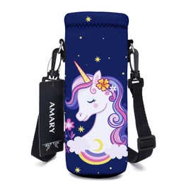 AMARY 500ML Neoprene Water Bottle Carrier Bag with Adjustable Shoulder Strap,Insulated Water Bottle Cover for Stainless Steel/Glass/Plastic Bottles 16.9OZ (Lovely unicorn)