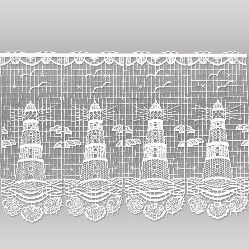 Maritime White Lace Curtain Lighthouse Made of Plauen Lace Panel