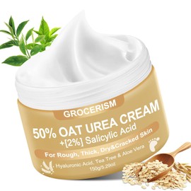 Crema de urea al 50 por ciento para pies, máxima potencia, 5,29 oz con avena y 2% de ácido salicílico, crema para pies y manos que incluye ácido hialurónico, árbol de té y aloe vera para una
