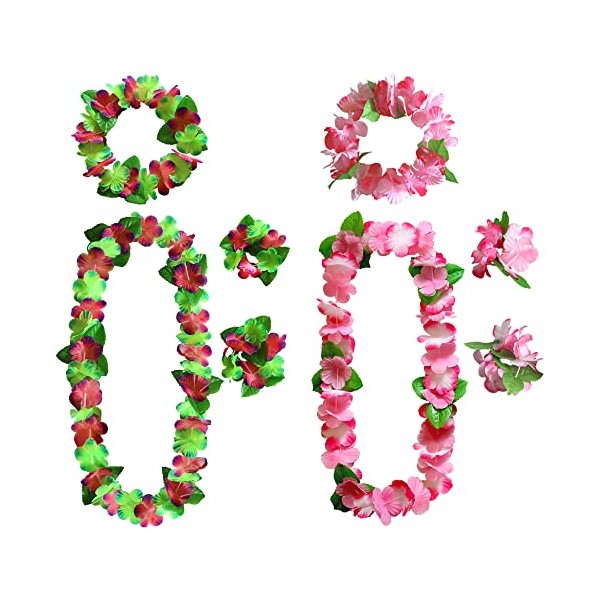 KEYIDO Hawaiian Lei Garlands Set, Green Purple Pink Hawaiian Flower