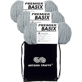 Premier Yarns Basix Light Gray 1115-02 (3-Skeins - Same Dye Lot) Worsted Medium #4 Acrylic Yarn for Crocheting and Knitting - Bundle with 1 Artsiga Crafts Project Bag