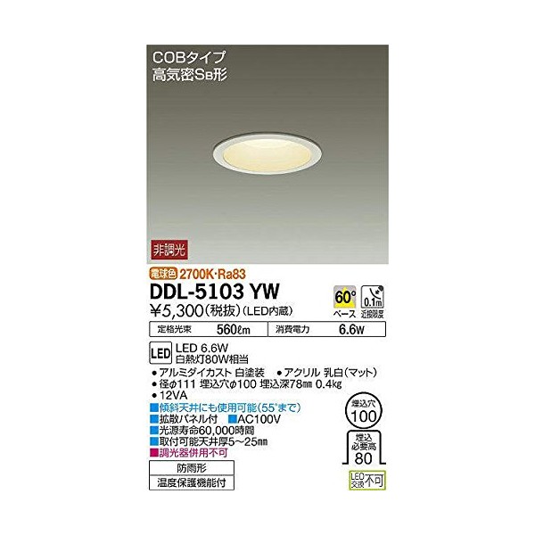 大光電機(DAIKO) ダウンライト(軒下兼用) LED 6.6W 電球色 2700K DDL-5103YW ホワイト