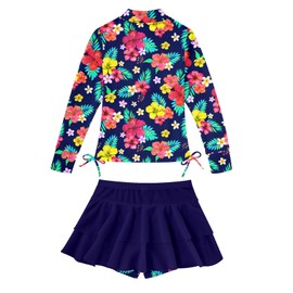 Girls 2-Piece Rash Guard Swimsuit for Size 8-10 Hawaiian Flower Long Sleeve Bathing Suits 3D Print Cute Ruffle High Waisted Half Zip UV Protective 9-10 Years Old Swim Set Purple