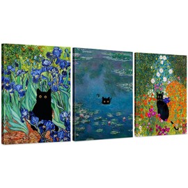 BFKDKG Monet Wall Art Set of 3 - Funny Cat in Water Lilies Canvas Paintings Prints, Garden Flowers Black Cat Aesthetic Pictures for Room Bedroom Living Room Bathroom (Black Cat Water Lily, 12*16*3, Wrapped Canvas)