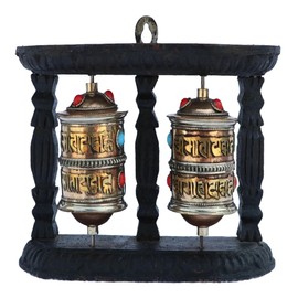 QT S Spinning Tibetan Prayer Wheel Wall Hanging Design - Buddhism "Om Mane Padme Hum" Mantra Spinning Prayer Wheel, Handmade in Nepal with Brass, Copper & Wood Stand
