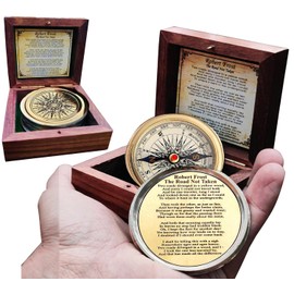 Antiqued Brass Robert Frost Poem Compass with Wooden Box, Inspirational Gifts for Woman, Aniversity Gifts for Men,Engraved Compass,Wedding for Boys, Pocket Compass for Hiking Survival