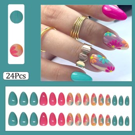 30Pcs Almond Press on Nails Medium Length Nails Press Ons RUPOFUZA Fake Nails Glue on Nails with Lovely Floral Patterns in Glossy Color Stick on Nails Artificial Acrylic nails for Women