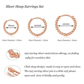 Hasnsofie Hoop Earrings Silver Women's Earrings, 3 Pairs 925 Sterling Silver Hoop Earrings Set, Hypoallergenic Small Sleeping Hoop Earrings, Unisex Silver Pearl Hoop Earrings Set in 10, 12, 14 mm,