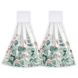 susioy Watercolor Green Eucaliptus Leaves Wildflowers Hand Towel with Loop 2 Pcs Soft Hanging Towel Absorbent Tie Towels for Kitchen Tea Bar Bathroom Decor