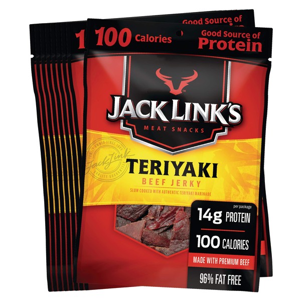 Jack Link's Beef Jerky, Teriyaki, 1.25 oz. Bags, 10 Count - Flavorful Meat Snack for Lunches & More, 14g Protein, 100 Calories, Made with 100% Beef - 96% Fat Free, No Added MSG** or Nitrates/Nitrites