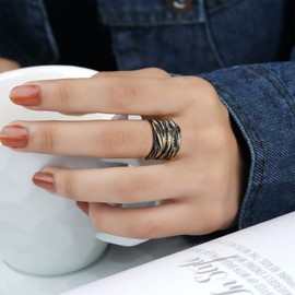 Mytys 2 Tone Intertwined Crossover Statement Ring Fashion Chunky Band Rings for Women Black Gold Silver Rose Gold Plated Wide Index Finger Rings Costume Jewelry (Gold and black, 6)