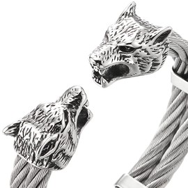 COOLSTEELANDBEYOND Men Stainless Steel Wolf Heads Two-Row Twisted Cable Cuff Bangle Bracelet, Adjustable(CA)