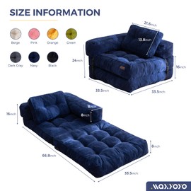 MAXYOYO Folding Sofa Bed, L-Shaped Convertible Sofa Bed with Armrest Foldable Sleeper Sofa with Pillow, Portable Fold Out Chair Bed Comfy Floor Lounge for Living Room Bedroom, Navy