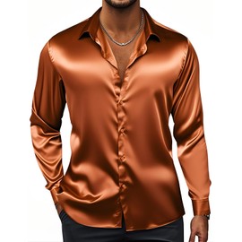 Hi-Tie Satin Mens Burnt Orange Silk Shirts Long Sleeve Dress Shirts for Men Button Down Regular Fit Party Wedding