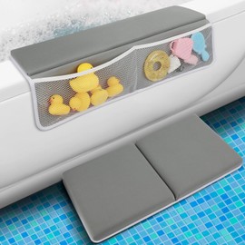 Comfortable Bath Kneeler and Elbow Rest Pad Set, Bathtub Kneeling Pad for Baby Bathing Parents, Painless Memory Foam Mat with Bath Toys Foldable Organizer Pockets Quick Drying Easy to Clean (Gray)
