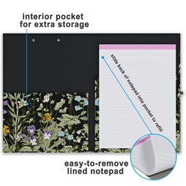 Clipboard Folio with Refillable Lined Notepad, Low Profile Clip and Interior Storage Pocket, Cute Clipfolio Design for Work, Office, School, Nurse(Wild Flowers)