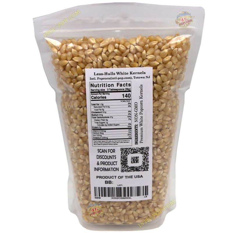 Intl. Popcorn White Hulless (Less Hulls) Premium Popcorn Kernels •