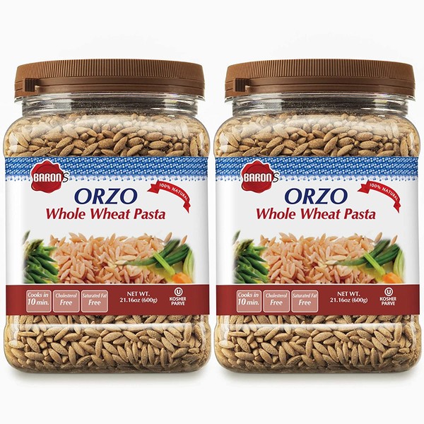 Baron’s Whole Wheat Orzo Pasta | 100% Natural Israeli Rice-Shaped Orzo for Soups, Casseroles & Salads | Cooks in 10 Minutes! | Kosher| 2 Pack 21.16oz Jars