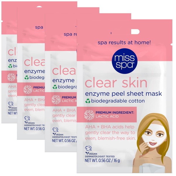 MISS SPA Face Mask Skin Care, Clear Skin Enzyme Peel Sheet Mask for Women, Exfoliating Sheet Mask for Acne, Blemish Free Skin, Biodegradable Cotton Sheet Mask, Dermatologist Tested, 4 Pack