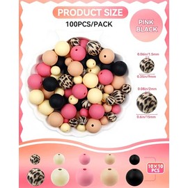 100PCS FIVEIZERO Silicone Beads, 9mm & 15mm Silicone Beads for Keychain Making, Pink Black Mixed 5 Colors Silicone Focal Beads for Bracelets, Beadable Pens and DIY Crafts