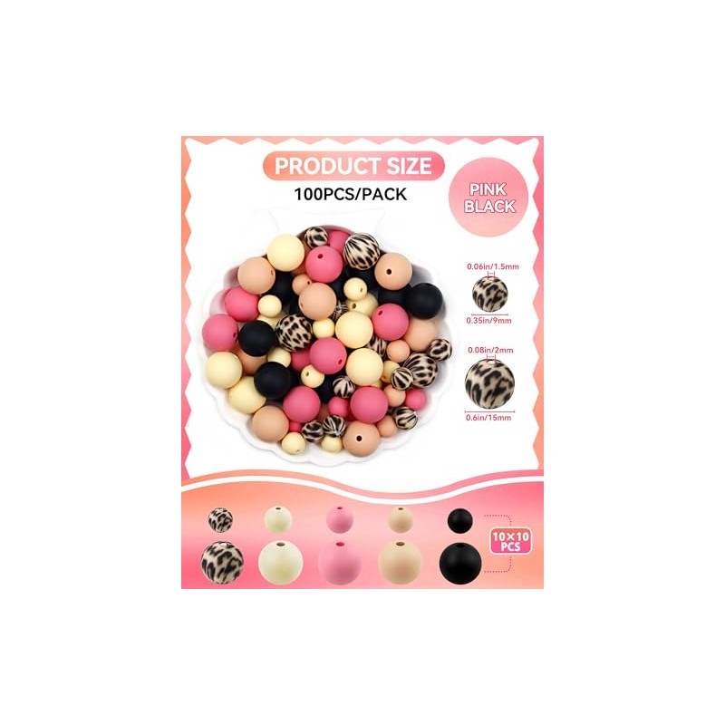 100PCS FIVEIZERO Silicone Beads, 9mm & 15mm Silicone Beads for