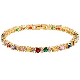 RIZILIA Eternity Tennis Bracelet & Round Cut Multi Colors Cubic Zirconia in Yellow Gold Plated, 7"