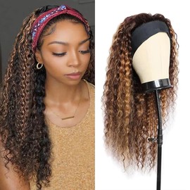 Headband Wig Deep Wave Human Hair Ombre Brown Blonde 4/27 Headband Wig Human Hair Glueless None Lace Front Machine Made 150% Density for Black Women 24 inch