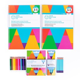 Love Writing Co. Learning To Write Pencil Pack Age 2-5 Years | Includes 5 Writing Pencils | 12 Erasable Colour Pencils, Eraser & Sharpener | Helps Control Pencil Grip | Quality School Supplies
