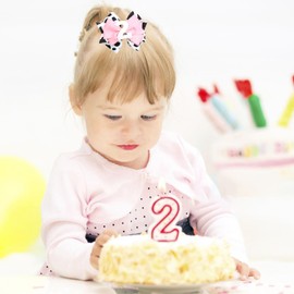 Birthday Hair Bow for Baby Girls - 2Pc Pink Sprinkle Bow Hair Clips for 2nd Birthday Glitter Ice Cream Baby Bow Party Decorations for Girls Toddlers Hair Accessories (Pink-2 Years-Clips)