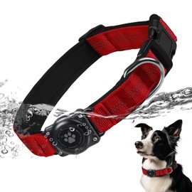 AirTag Dog Collar, IP68 Waterproof Air Tag Dog Collar Holder, Reflective, Ultra-Durable, Comfortable Padded, Heavy Duty Dog Collars for Small Medium Large Dogs (S (10.6"-13.6"), Red)