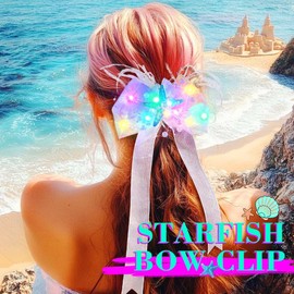 JEAIRTS Light Up Hair Bow Glow Starfish Mermaid Hair Clips Led Bow-knot Hair Accessories for Women(1-Blue)