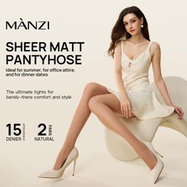 MANZI Sheer Pantyhose for Women 2 Pairs Translucent Tights 15 Denier Natural Medium