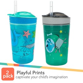 NUBY All in One Snack Bowl and No Spill Soft Straw Cup - 2 Pack Aqua Ocean Animals & Green Puppy Dogs - Snack N' Sip, Holds: 4.5 oz Snack Container with Lid and 9 oz/ 270 ml Straw Cup (12 Months +)