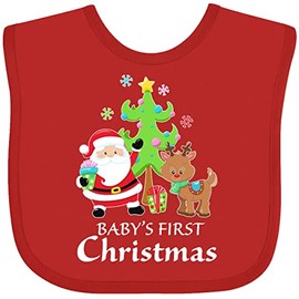 inktastic Baby's 1st Christmas with Santa Reindeer and Tree Baby Bib Red 383e4