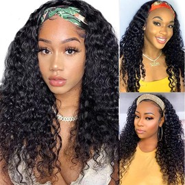 Headband Wig Human Hair Kinky Curly 20 inch None Lace Front Wig Human Hair Machine Made Wigs Glueless Curly Hair Headband Half Wigs for Black Women Human Hair Natural Color