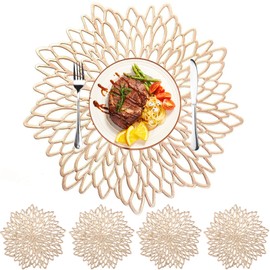 MI CASA 8 Pcs Round Placemats and Coaster Sets Leaf Gold PVC 4 Table Placemats + 4 Coasters Vinyl Heat Resistant Anti-slip and Washable Place Mats for Kitchen Wedding Christmas Table Decoration