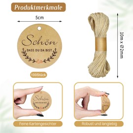 Suofuolef Pack of 100 Wedding Gift Tags, Schön dass du da bist Pendant with 10 m Jute String for Wedding Favours