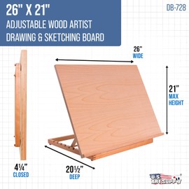 U.S. Art Supply X-Large 26" x 21" Wooden Drawing Board, Adjustable Table Top Easel for Painting and Drawing - Drafting Board with T-Square, Pencil Ledge