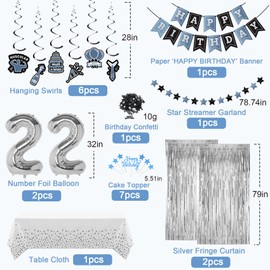 Miidenks 22nd Birthday Decorations, Dusty Blue & Silver, 72 Pieces, Balloons, Curtains, Banners, Adults, Unisex